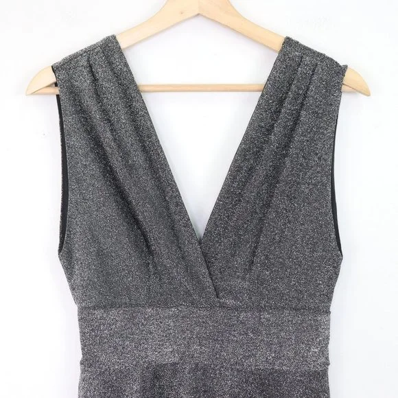 NWT Fraiche by J Metallic Shimmer Deep V-Neck Fit & Flare Minidress Silver Black - Picture 6 of 8